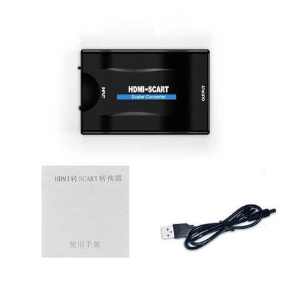 Compact Video Converter for Connecting Devices to TV - HDMI to SCART adapter with USB power and manual