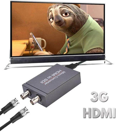 1080P Full HD HDMI to Dual SDI Output Converter for Displays showing converter box connected to TV with SDI cables