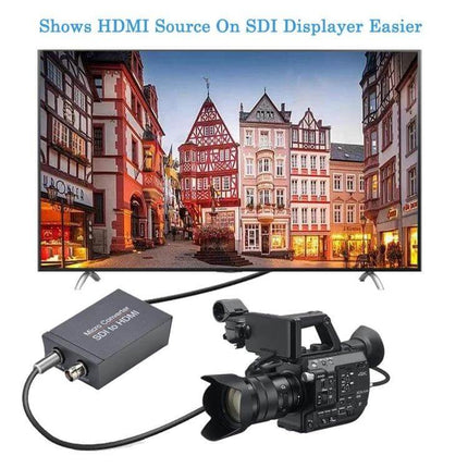 SDI to HDMI Video Converter for High-Definition Displays showing camera connected to HDMI monitor via SDI converter