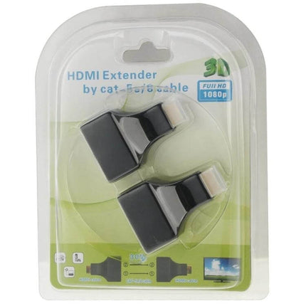 HDMI Extender for Extending TV Signals Up to 30 Meters via Cable - compact CAT5e/6 transmitter-receiver pair in retail blister pack