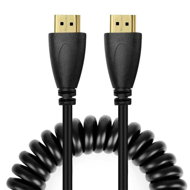 Gold Plated Coiled HDMI Cable for Reliable Device Connections - compact tangle-free HDMI 1.4 cable with gold-plated connectors, extends 60cm to 2m
