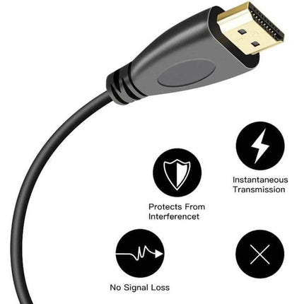 Gold Plated Coiled HDMI Cable for Reliable Device Connections - close-up of gold-plated HDMI connector and icons showing no signal loss and instantaneous transmission
