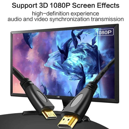 Gold Plated Coiled HDMI Cable for Reliable Device Connections — gold-plated HDMI cable shown with monitor, supports 3D 1080P, coiled compact stretchable up to 2m