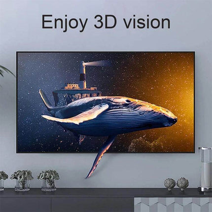 Gold Plated Coiled HDMI Cable for Reliable Device Connections - TV showing 3D whale image, coiled cable ideal for compact, tangle-free device hookups