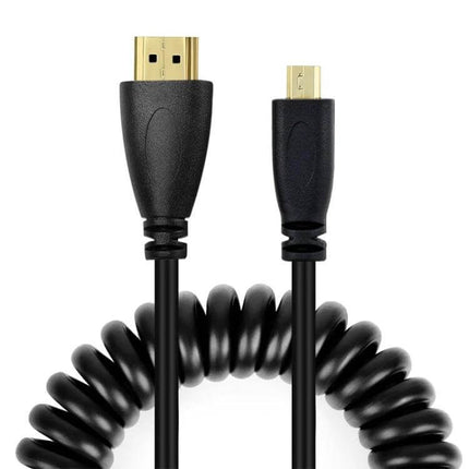 Coiled Micro HDMI to HDMI Cable with Gold Plating, 60cm Extendable - compact black coiled cable connecting micro HDMI to HDMI with gold-plated connectors