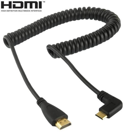 Coiled Mini HDMI to HDMI Cable with Gold Plating and Extendable Length, black coiled cable with right-angle mini HDMI connector and gold-plated plugs