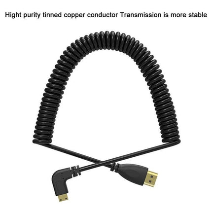 Coiled Mini HDMI to HDMI Cable with Gold Plating and Extendable Length shown coiled with right-angle mini HDMI and standard HDMI gold-plated connectors