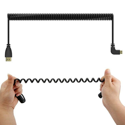 Coiled Mini HDMI to HDMI Cable with Gold Plating and Extendable Length - black coiled cable shown stretched and compact, mini HDMI to HDMI connectors