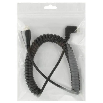 Coiled Mini HDMI to HDMI Cable with Gold Plating and Extendable Length packaged in clear resealable bag, black coiled cable with right-angle mini HDMI connector