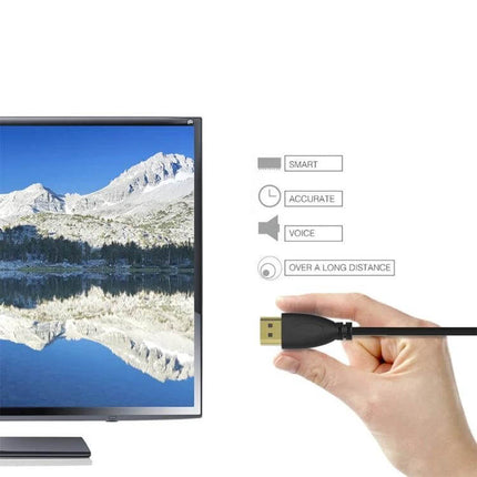 Coiled Mini HDMI to HDMI Cable with Gold Plating and Extendable Length held near TV for connecting cameras laptops and tablets