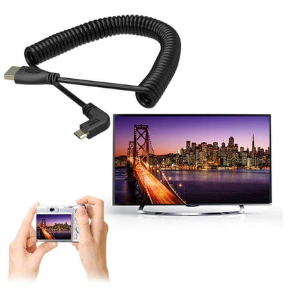 Coiled Mini HDMI to HDMI Cable with Gold Plating and Extendable Length connecting camera to TV, black coiled design for tight spaces