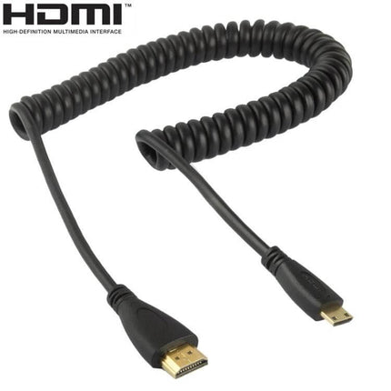 Gold Plated Coiled Mini HDMI to HDMI Cable for Portable Use black coiled cable with gold-plated mini HDMI and HDMI connectors, travel-friendly, tangle-free