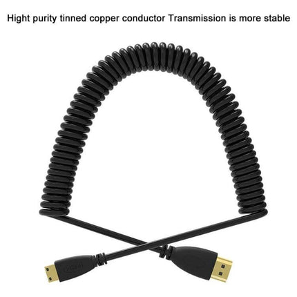 Gold Plated Coiled Mini HDMI to HDMI Cable for Portable Use - black coiled cable with gold-plated connectors for travel and tidy setups