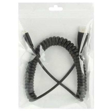 Gold Plated Coiled Mini HDMI to HDMI Cable for Portable Use - compact coiled cable in clear packaging, gold-plated connectors, ideal for travel and presentations