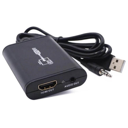 USB 2.0 to HDMI Converter for Connecting Computers to HD Displays — black adapter with HDMI out, audio jack and USB cable