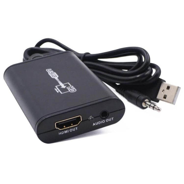 USB 2.0 to HDMI Converter for Connecting Computers to HD Displays — black adapter with HDMI out, audio jack and USB cable