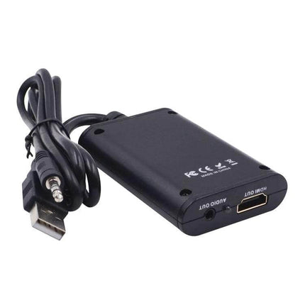 USB 2.0 to HDMI Converter for Connecting Computers to HD Displays - compact black adapter with USB cable, HDMI output and audio jack