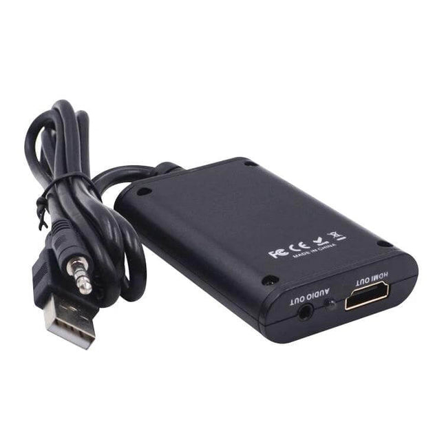 USB 2.0 to HDMI Converter for Connecting Computers to HD Displays - compact black adapter with USB cable, HDMI output and audio jack