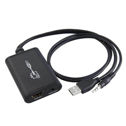 USB 2.0 to HDMI Converter for Connecting Computers to HD Displays - black adapter with HDMI, audio jack and USB cable, ideal for mirroring or extending screens