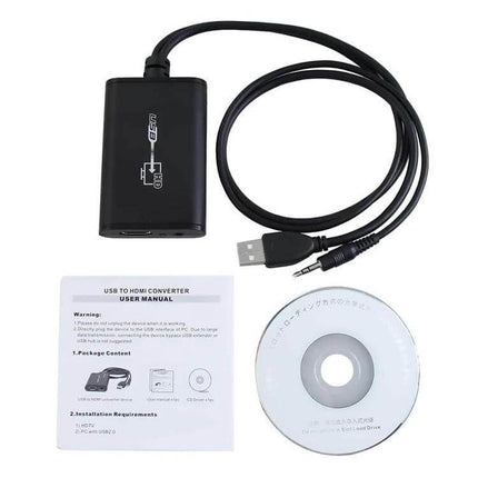 USB 2.0 to HDMI Converter for Connecting Computers to HD Displays - black adapter with USB cable, HDMI port, manual and driver CD