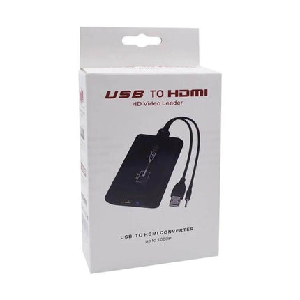 USB 2.0 to HDMI Converter for Connecting Computers to HD Displays – compact USB-to-HDMI adapter packaging showing cable and converter