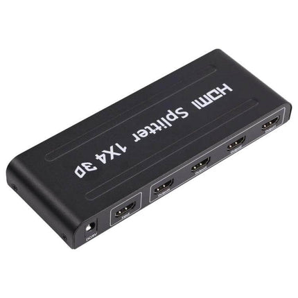 HDMI Splitter for Distributing Video to Multiple Displays with EU Plug – black 1x4 HDMI video splitter showing four HDMI outputs and EU power port