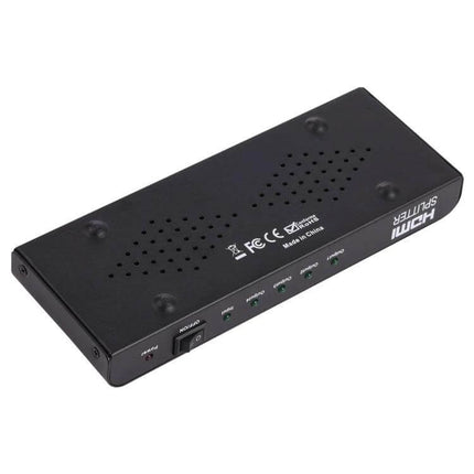 HDMI Splitter for Distributing Video to Multiple Displays with EU Plug black metal box with LED indicators and multiple HDMI outputs