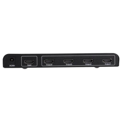 HDMI Splitter for Distributing Video to Multiple Displays with EU Plug – black 1x4 HDMI box with input, four outputs and EU power connection