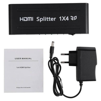 HDMI Splitter for Distributing Video to Multiple Displays with EU Plug - 1x4 HDMI splitter with EU power adapter and user manual