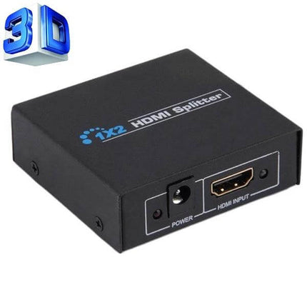 1x2 Mini HDMI Splitter for Distributing Video to Multiple Displays - compact black HDMI splitter with power and HDMI input ports