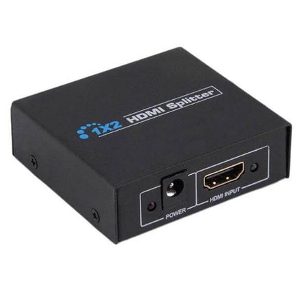 1x2 Mini HDMI Splitter for Distributing Video to Multiple Displays compact black metal HDMI splitter with power and HDMI input ports