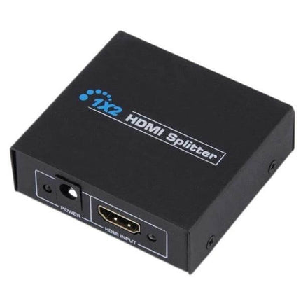 1x2 Mini HDMI Splitter for Distributing Video to Multiple Displays compact black unit showing HDMI input and power port