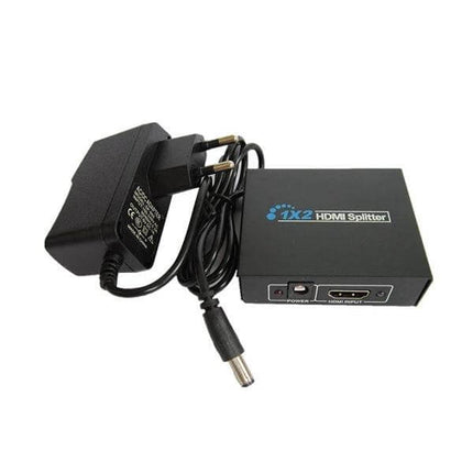 1x2 Mini HDMI Splitter for Distributing Video to Multiple Displays with power adapter and HDMI output ports