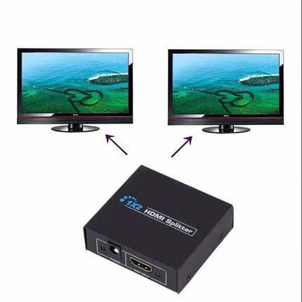 1x2 Mini HDMI Splitter for Distributing Video to Multiple Displays - compact black HDMI splitter connecting one source to two HDTVs