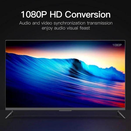 1x2 Mini HDMI Splitter for Distributing Video to Multiple Displays showing 1080P HD conversion on TV for presentations and gaming