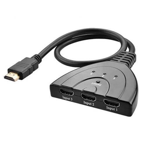 Compact 3-in-1 HDMI Switch for Easy Multi-Device Connection - black compact HDMI switch with three labeled inputs and single output cable