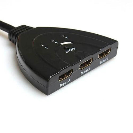 Compact 3-in-1 HDMI Switch for Easy Multi-Device Connection - black 3-input HDMI switcher with labeled Input 1/2/3 and select button