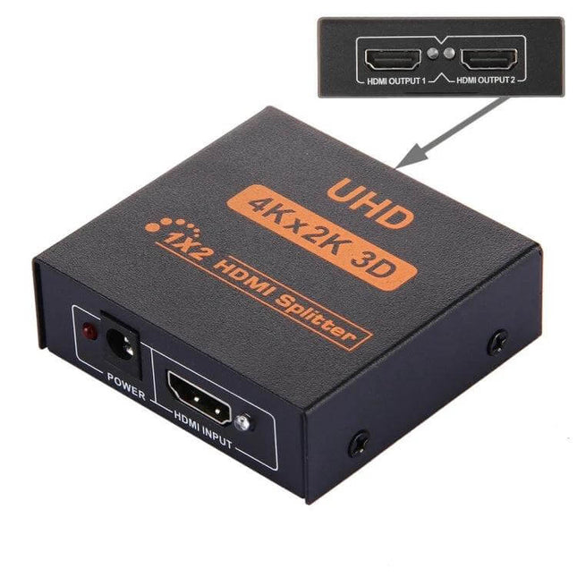 Practical HDMI Splitter for Sharing Video to Two Displays - compact 1x2 UHD 4Kx2K 3D HDMI signal duplicator with HDMI input and dual outputs