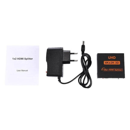 Practical HDMI Splitter for Sharing Video to Two Displays black 1x2 HDMI splitter with power adapter and manual