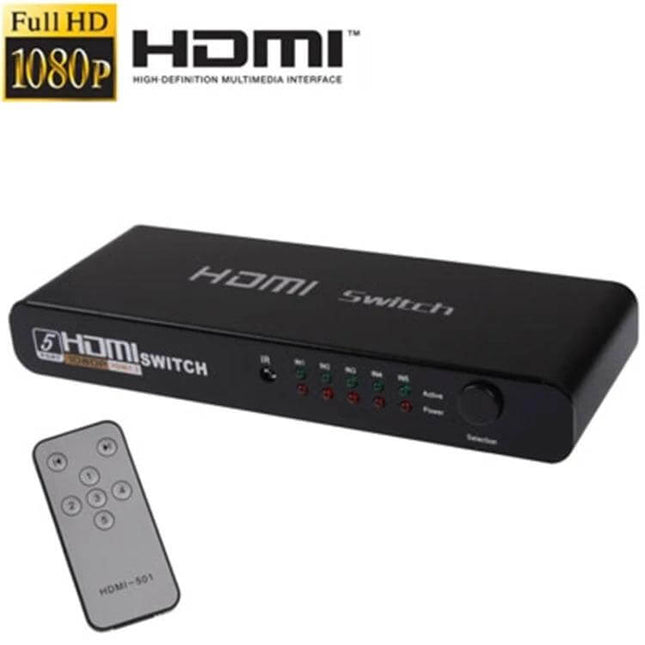 HDMI Switch with Remote for Connecting Multiple TV Devices - black 5-port HDMI switch with remote control for gaming, Blu-ray and streaming on HDTV