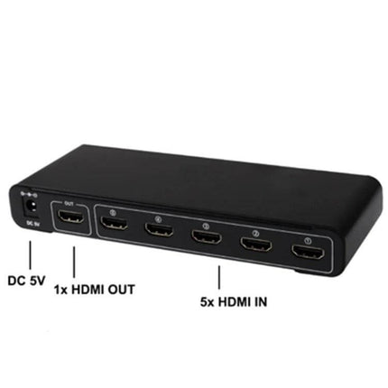 HDMI Switch with Remote for Connecting Multiple TV Devices - 5x HDMI IN 1x HDMI OUT black compact switch with remote and front button