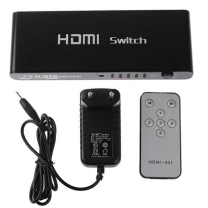 HDMI Switch with Remote for Connecting Multiple TV Devices - compact black 4-port HDMI switch with remote and power adapter