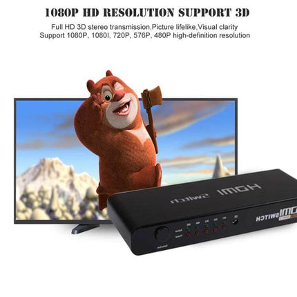 HDMI Switch with Remote for Connecting Multiple TV Devices in front of HDTV showing animated movie scene - 1080P support