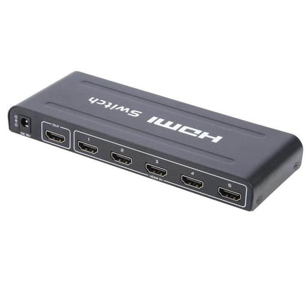5-Port HDMI Switch for Connecting Multiple Devices with Remote black metal HDMI switch box showing five input ports and remote control operation