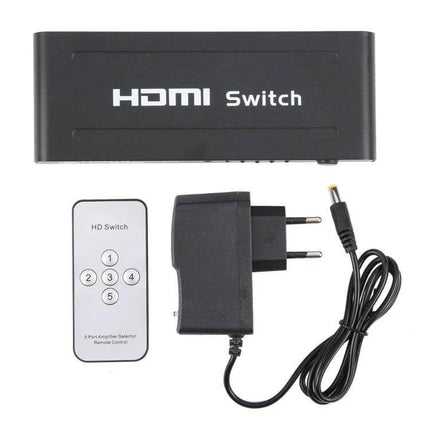 5-Port HDMI Switch for Connecting Multiple Devices with Remote showing switch, remote control, and power adapter