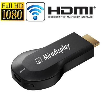 Miradisplay Wireless HDMI Dongle for Screen Mirroring on TV compact black dongle showing Miradisplay logo, HDMI plug and Wi‑Fi Full HD 1080 icon