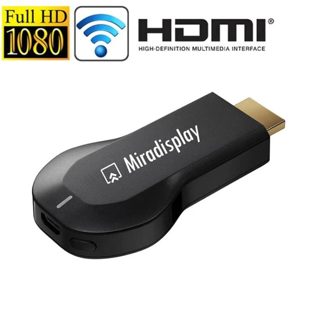 Miradisplay Wireless HDMI Dongle for Screen Mirroring on TV compact black dongle showing Miradisplay logo, HDMI plug and Wi‑Fi Full HD 1080 icon