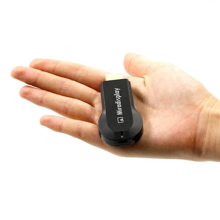 Miradisplay Wireless HDMI Dongle for Screen Mirroring on TV held in hand showing compact HDMI wireless streaming device