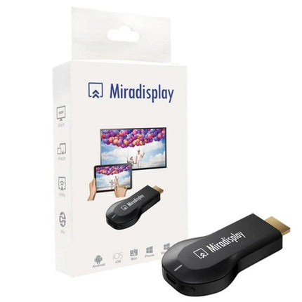 Miradisplay Wireless HDMI Dongle for Screen Mirroring on TV black dongle next to retail box showing phone mirroring to TV