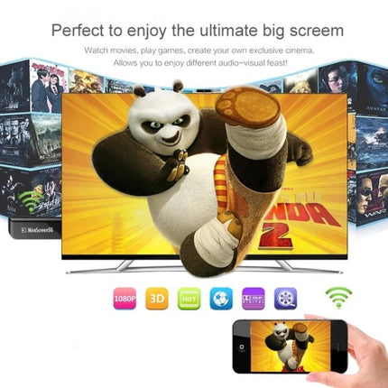Miradisplay Wireless HDMI Dongle for Screen Mirroring on TV showing animated movie streamed from smartphone to large TV for family movie night